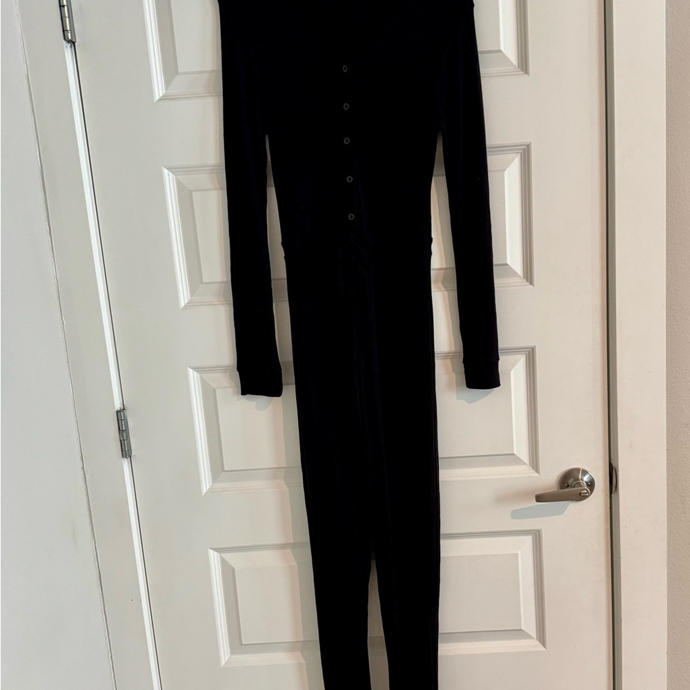Missguided Black Rib Button Tie Waist Loungewear Jumpsuit